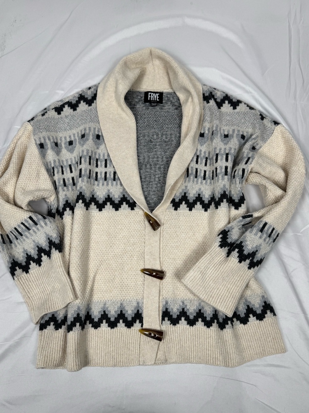 FRYE Cream Shawl Collar Cardigan with Black & Gray Pattern